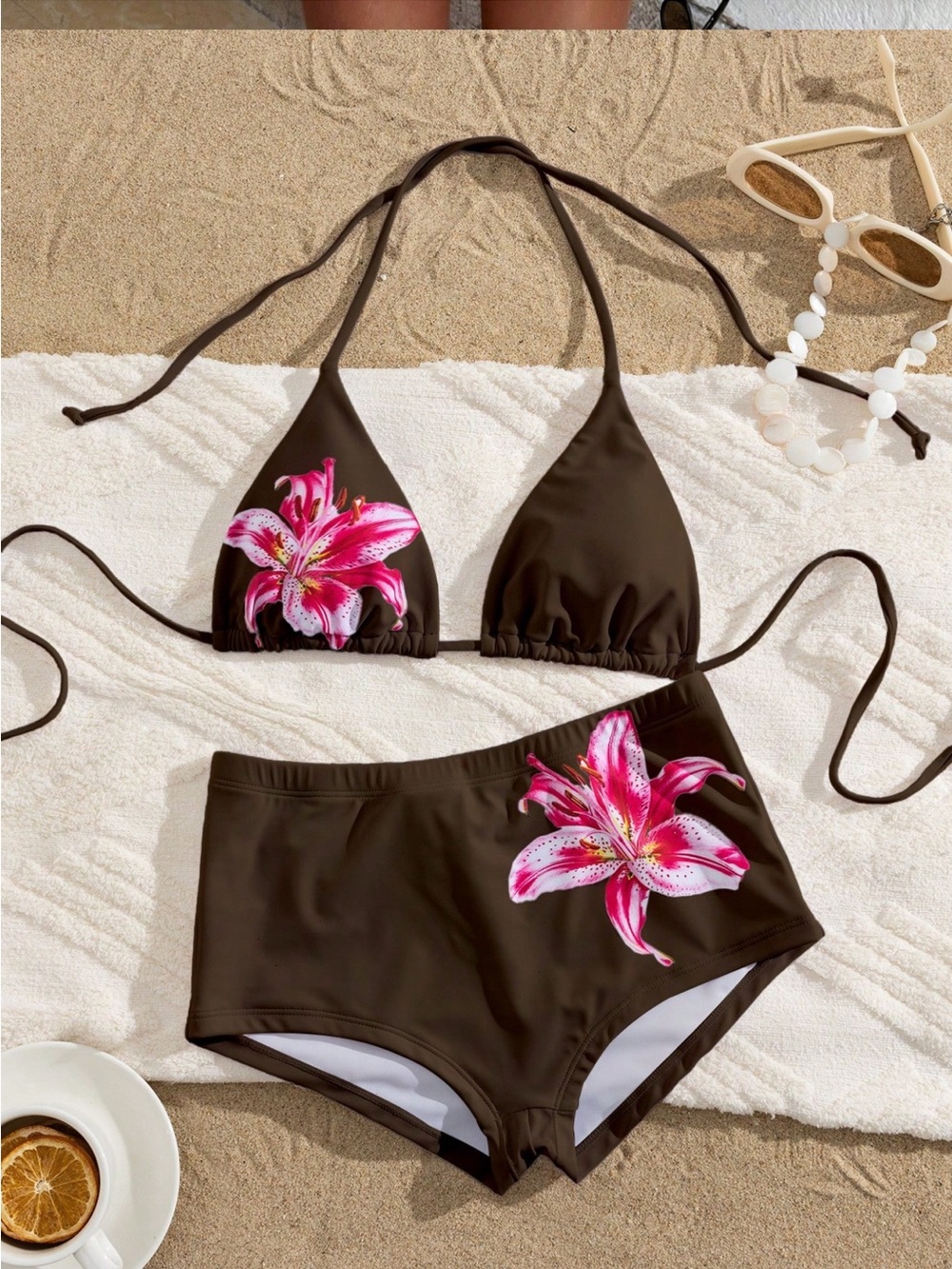 SHEIN Brown Two-Piece Bikini Set with Pink Lily Print